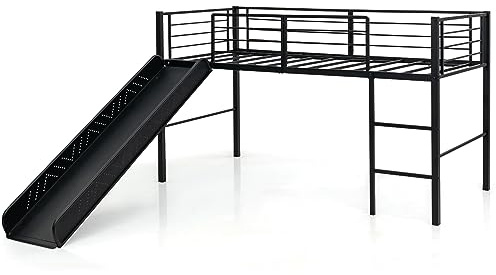LIFEZEAL Hochbett 90 x 200 cm, Etagenbett mit Rutsche & Leiter, Metallbett mit Lattenrost & Sicherheitsgittern, Platzsparendes Kinderbett Jugendbett für Schlafzimmer & Kinderzimmer(Schwarz)