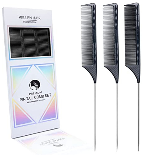 Vellen Hair Professional 9 Needle Handle Combs for Hair Stylists, Heat Resistant and Anti-Static PEI Material, Needle Handle Comb with Long Stainless Steel for Parting - 3 Pack (Black)