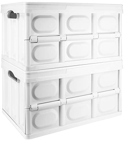 TekBox 56L White Storage Box with Lid Folding Stackable 56 Litre Lidded Plastic Crate Tub Boxes (2)