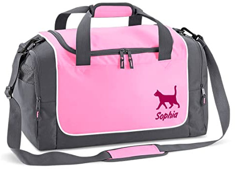Sporttasche mit Name | Katze ROSA | personalisierbar individuell Bedruckt Geschenk Katzenmama für Kinder & Erwachsene kleine Reisetasche pink grau Schulsport Geschenk Schulanfang