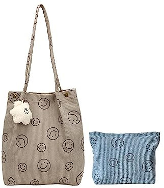 IVEOPPE Cord Tasche Damen Umhängetasche, Groß Umhängetasche Shopper, Tragetasche Damen, Kosmetiktasche, Windeltasche, Cosmetic Bag, Lächeldruck Makeup Organizer, Mädchenhandtasche mit Muppet, Grau