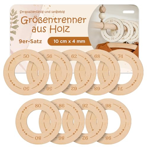 Mikki Joan Baby Größentrenner aus Holz, 9er-Set | Herzkreis Set | Größe 50-98, Ø10cm x 4mm | Langlebige und dekorative Kinderzimmer-Garderoben-Organizer | Kleiderbügeltrenner für Kinder | Neugeborene