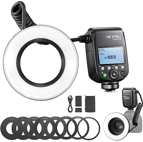 GODOX MF-R76N TTL Macro Ring Flash for Nikon TTL/M Mode 5900K 76Ws 2.4G Wireless Control 550 Full-Power Flashes 0.1-1s Recycle Time Dual-Flash Tubes with LCD Screen for Inscet Plant Jewelry Shooting