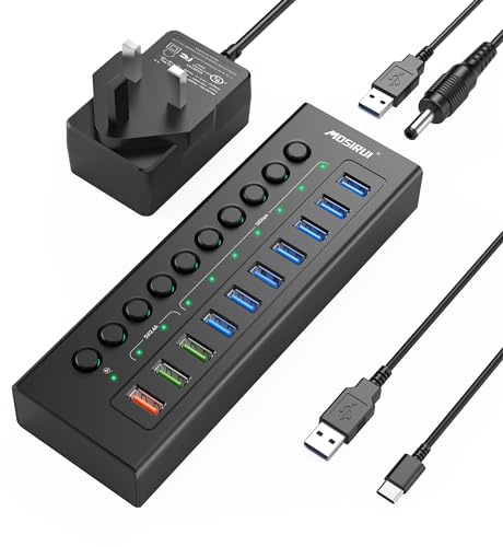 Powered USB Hub 10Gbps, 10 Ports USB C 3.2 Hub Splitter with 7×USB 3.2 Data Ports, 3×Fast Charging Ports, 36W Power Adapter and 2 USB Cable 3.3ft, Aluminum USB Powered Hub for Laptops, PC and More