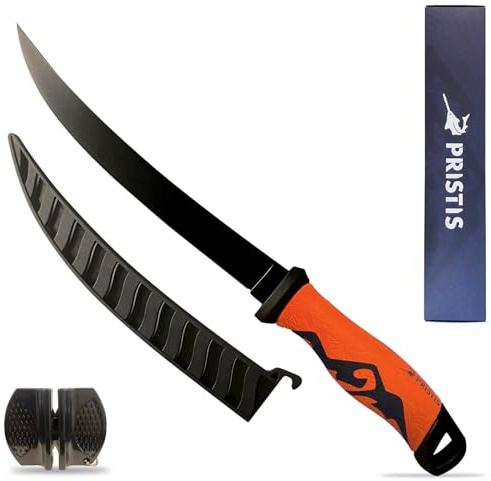 Pristis 9'' Fixed-blade Fillet Knife, High Strength 5Cr13MoV Stainless-steel Blade, Professional Fish Filet Knife for Boning, Fishing Gear Tackle with Non-Slip Handle Sheath Tungsten Sharpener, Red