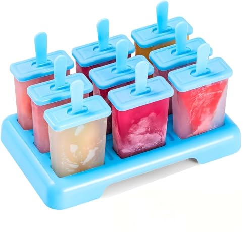 Ice Lolly Moulds 9 Popsicle Molds Reusable Food Grade BPA-Free Ice Pop Moulds, DIY Ideas Ice Lolly Moulds Comes with a Cleaning Brush and Silicone Folding Funnel (Blue)