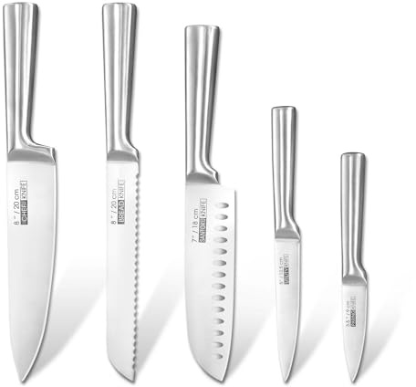 KOFERY 5 Piece Kitchen Knife Set, Professional Stainless Steel Knives with Seamless One Piece Metal Handle, Rust Proof V-Shaped Razor-Sharp Blades for Home Culinary Prep, No Block Included