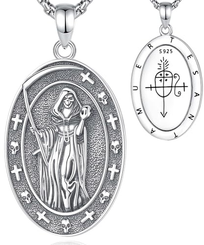 INFUSEU Collana Santa Muerte, Tristo Mietitore Argento Sterling 925 Ciondolo Religioso Morte Sacra Scheletro Messicano Teschio Amuleto Falce Morte Gotico Regalo per Donne Halloween