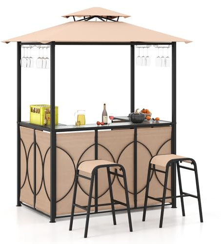 GOPLUS Cenador para barbacoa, techo doble con cristal templado, mesa de bar, 2 taburetes, soportes de cristal, 2 estantes, toldo, resistente a la intemperie, exterior, jardín