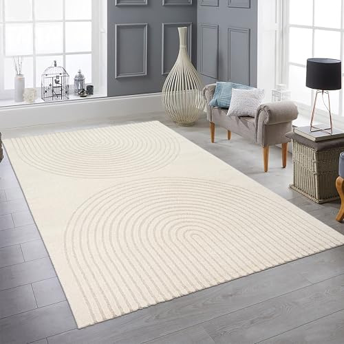 Teppich-Traum Moderner Wohnteppich Bogenmuster Creme 3D-Effekt 140x200 cm | Weich und pflegeleicht, strapazierfähig, robust, langlebig, allergikergeeignet und OEKO-TEX geprüft, für Wohn- & Schlafzimmer