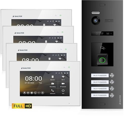 Balter EVO-HD Video Türsprechanlage mit Fingerprint, Video Türklingel, 4 Familienhaus, 4X 7 Zoll Monitore, Türklingel mit Kamera Full HD, 2 Draht Bus, 175° Weitwinkel, RFID,1080P