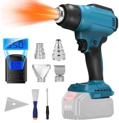 Pistola de calor sin cable compatible con Makita 18V batería, pistola de aire caliente sin cable con 2 velocidades, indicador de temperatura y batería, 4 boquillas y espátula (sin batería)