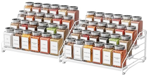 ZDDLOINP 4-Tier Spice Rack for inside cupboard, Kitchen Countertop Spice Rack, Depth Adjustable Spice Racks Organiser for Counter, Cupboard, Pantry White (2 Packs) | Expandable Depth Design, Durable Metal, No Screws Mounting, Suitable Counter, Cupboard, Pantry, Multiple Item Storage Display