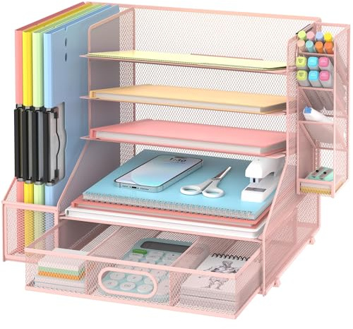 SUPEASY Schreibtisch Organizer mit Aktenhalter, 5-Tier Mesh Papier Organizer Brief Tray mit Stifthalter und Schublade, Schreibtisch Organizer und Zubehör mit 3 geneigten Datei Sortier, Rosa