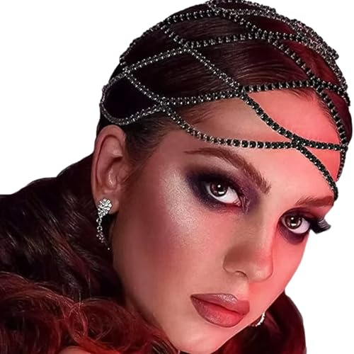 RUNRAYAY RUNRAYAY, catenina per capelli con strass in rete, stile anni '20, danza del ventre, catenina per capelli flapper con cristalli, accessori per capelli da sposa - Nero