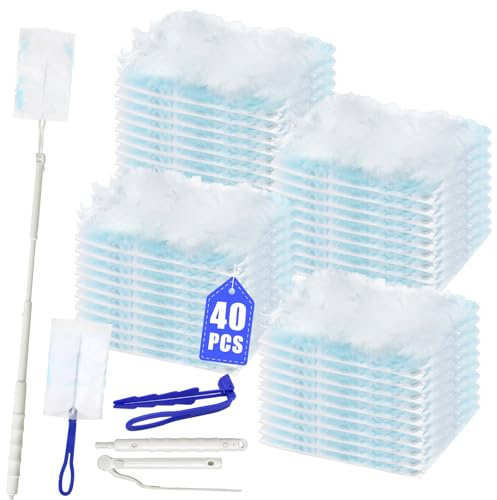42 Pezzi Piumini Cattura Polvere Compatibile con Swiffer Duster, Kit per Spolverare Elettrostatico con 1 Manubrio Lungo e 1 Manubrio Corto, per Capelli, Polvere, Sporco