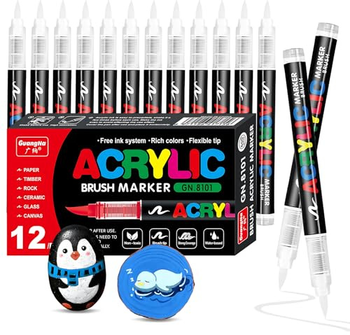 VAKKI 12 White Acrylic Paint Pens, Brush Markers, Felt Pen for Stone, Calligraphy, Wood, Canvas, Glass, Ceramics