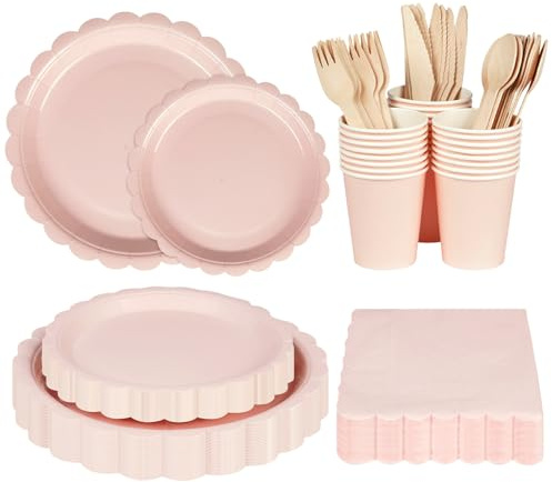 Rose Assiette en Carton, Anstore 200 Assiettes et Couverts pour 25 Invités, Vaisselle de Fête avec Serviettes, Couteaux, Cuillères, Gobelets en Carton et Assiettes Papier pour Anniversaire Mariages