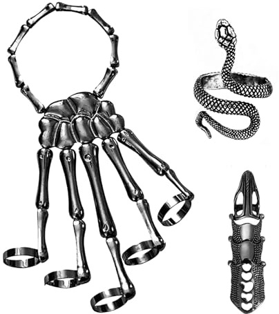 YUSHWENPTY Accesorios de Joyería Halloween 3 Piezas Pulsera Esqueleto Anillo de Serpiente Garras Dedos para Niños y Adultos, Cosplay, Accesorios de Fiesta (Negro)