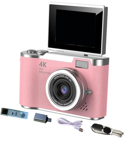 LeeQinersw Appareil Photo numérique 180°, écran Rabattable, Flash, caméra CCD compacte 48 MP, numérique 8X, pour étudiants et Adolescents, Cadeau, Rose