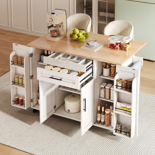 KUAKE Isola da cucina indipendente con piano di lavoro pieghevole, carrello da cucina su 5 ruote, con ripiano e 2 cassetti, per cucina, sala da pranzo, 136 x 70 x 92 cm (bianco)