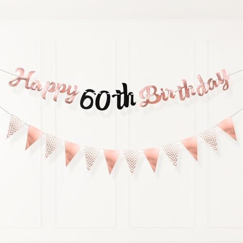 PartyYaa 60. Geburtstag Banner Deko, 60. Geburtstag Girlande & Dreiecksflagge, Rose Gold Party Dekoration für Männer und Frauen
