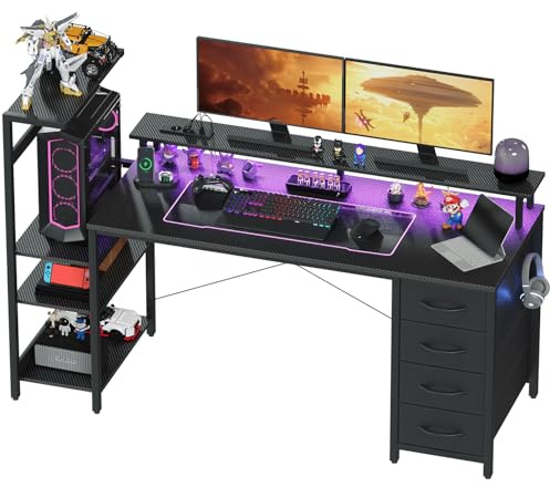 YOUDENOVA Escritorio para Gaming 150 * 50cm, Mesa de Juegos con iluminación LED y tomacorriente, Mesa de Ordenador con cajones, Fibra de Carbono Negro