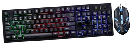 Ensemble Clavier et Souris Mécaniques Filaire USB 104 Touches | Lumineux, Plastique Noir, 1 Set, Usage Bureau et Café, Souris 4 Touches, Design sans Conflit