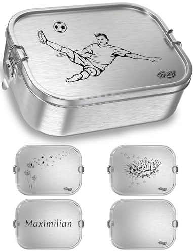 TAKWAY Edelstahl Brotdose mit Fächern 1200ml – Auslaufsichere Lunchbox mit Unterteilung für Kinder & Erwachsene (Fußball, 3-Fächer)