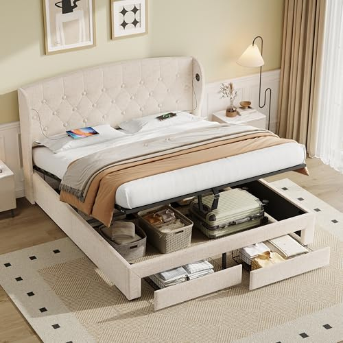 EINHOM Upholstered Bed with Hydraulic and Drawers Storage, 4FT6 Double Bed with USB and Type-C Ports, Button Tufted Headboard with Wingback and Charging Station, 135x190 cm (No Mattress)