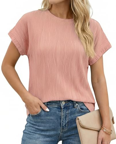 Enmain Camiseta Mujer Manga Corta Blusa T-Shirt Tunica Top Mujer con Textura Verano Cuello Redondo Elástico Cómoda Anti-Arrugas Color Liso Casual Elegantes