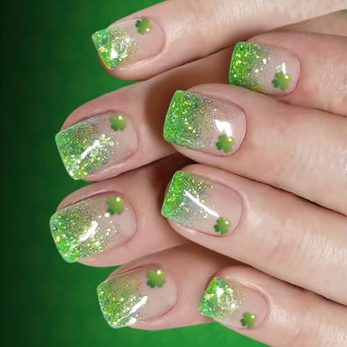 1 lot de faux ongles festifs courts verts dégradés à motif de feuilles pailletées pour les fêtes, le travail, les trèfles
