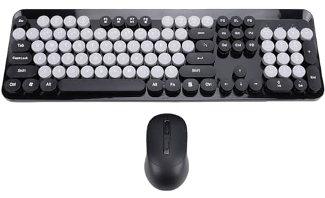 Denash Ensemble Clavier et Souris sans Fil Mignon, 2,4 GHz, Style Machine à écrire Rétro, Touches Rondes avec pavé Numérique et Souris Silencieuse, pour PC, Ordinateur Portable, Bureau, (Black)
