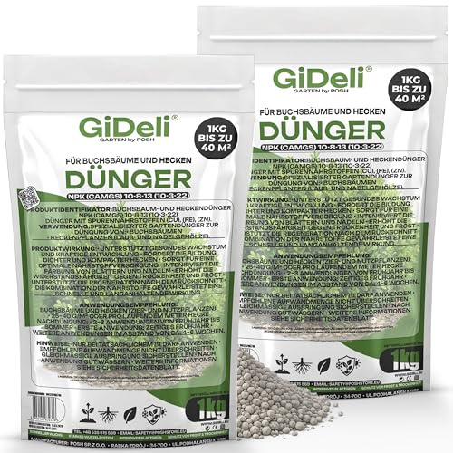 GiDeli Buchsbäume und Heckendünger 2 x 1kg - Buchsbaumdünger Beschleunigung des Pflanzenwachstums - Kirschlorbeer Dünger Verbesserung des Aussehens von Blättern und Nadeln