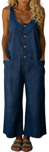 Celanisai Combinaison en jean pour femme - Longue salopette d'été - Sans manches - Col en U - Élégante combinaison en denim avec poche - Boutons - Salopette - Coupe ample - Une pièce