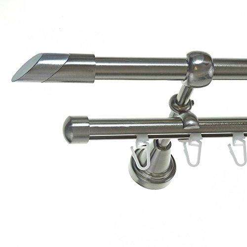 BASIT Gardinenstange Innenlauf Edelstahllook 16mm 2-läufig Wand 240cm H14RI | Gardinenstangenset doppelläufig Wandmontage Metall Vorhangstange Wandhalterung 120-600cm wählbar Kappe Schräge E13