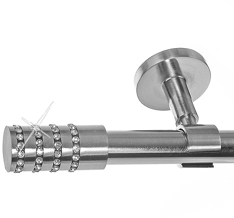 BASIT Gardinenstange Edelstahllook 20mm 1-läufig Decke 140cm lang D31 | Gardinenstangenset einläufig Deckenmontage Metall Vorhangstange Deckenhalterung 120-600cm wählbar Kappe mit Kristall E39