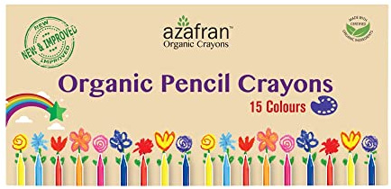 Azafran Organic Pencil Crayons - Pack of 15 Colored Thins, Non Toxic Ingredients, Non-Greasy, Eco Friendly, Food Grade Colors, for Toddlers, Fun with Playing and Stacking - 127 Grams