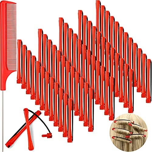 WILLBOND 60 Pcs Perm Rods for Short Hair Perming Kit Red Plastic Cold Wave Perming Rods with Steel Pintail Comb Rat Tail Comb 0.2 Inch Hair Curling Rollers for Hairdressing Styling Supplies