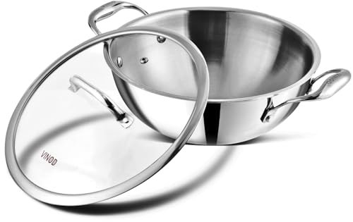 Vinod Platinum Extra Deep Stainless Steel Tri Ply Kadai Wok Saucepan Induction Friendly with Stainless Steel Lid (24 cm.Diameter-3.3 LTR.)
