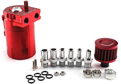 Aiuphing Récupérateur huile moteur, universel oil catch can, récupération des vapeurs d'huile moteur en aluminium de 300ml, avec filtre à air, tuyau et autres accessoires (Rouge)