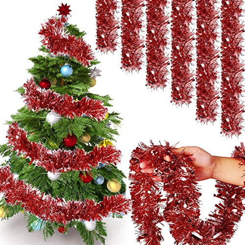 Ghirlanda Natalizia 2 m Set 6 Festoni Tinsel Spessi Metallizzato – Decorazioni Lucenti per Albero di Natale, Casa, Scale e Finestre, Flessibili e Modellabili per Addobbi Interni ed Esterni