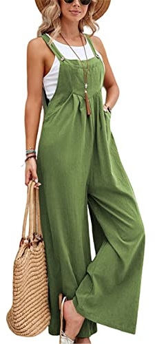 SotRong Tuta da donna con gambe larghe, tasche e spalline, vestibilità ampia, stile bohémien, senza maniche, per l'estate, verde, XL