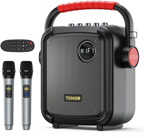 Bluetooth Lautsprecher tragbar TONOR Karaoke PartyBox mit 2 Mikrofon kabellos Karaoke Maschine Geang System mit drahtlosem Funkmikrofon unterstützt BT/TF/USB/AUX für Party/Draußen/Erwachsene/Kinder K7