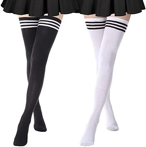 RY-EARL 2 Pares de Medias de Rodilla Medias Altas de Mujer Medias Largas de Rayas Medias Negras Calientes de Rodilla Calentadores de Pierna Altos Medias de Muslo para Niñas