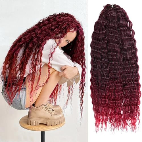 YEESHEDO 3 Packungen 22 Zoll Dunkelrot Häkelzöpfe Haar, Haare häkeln lockig, Weinrot Crochet Braids Hair Ocean Wave Crochet Hair Curly, Deep Wave Hair Haarverlängerungen für Frauen Mädchen