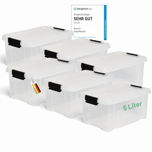 Novaliv 6x Aufbewahrungsboxen mit Deckel 5L transparente Nestbar stapelbare Storage boxes mit Clipverschluss Kunststoff BPA-frei 30 x 19 x 14 cm