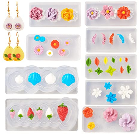 PandaHall - 9 moldes de arcilla polimérica en forma de flor, conchas, hojas, plumas, fresas, cabujones, resina de silicona, resina epoxi y UV, para hacer manualidades