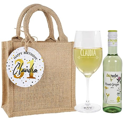 Herz & Heim® Wein-Geschenk mit graviertem Weinglas und Wein zur Auswahl in Jute Geschenktasche Weiß, Happy Bithday