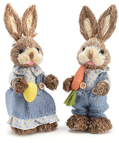 Blanketswarm 2Pcs Standing Bunny Statue,Easter Bunny Figurine Straw Bunny Decor Handmade Straw Bunny Figurine Easter Bunny Decorations Home Garden Porch Sign Decoration(#1)